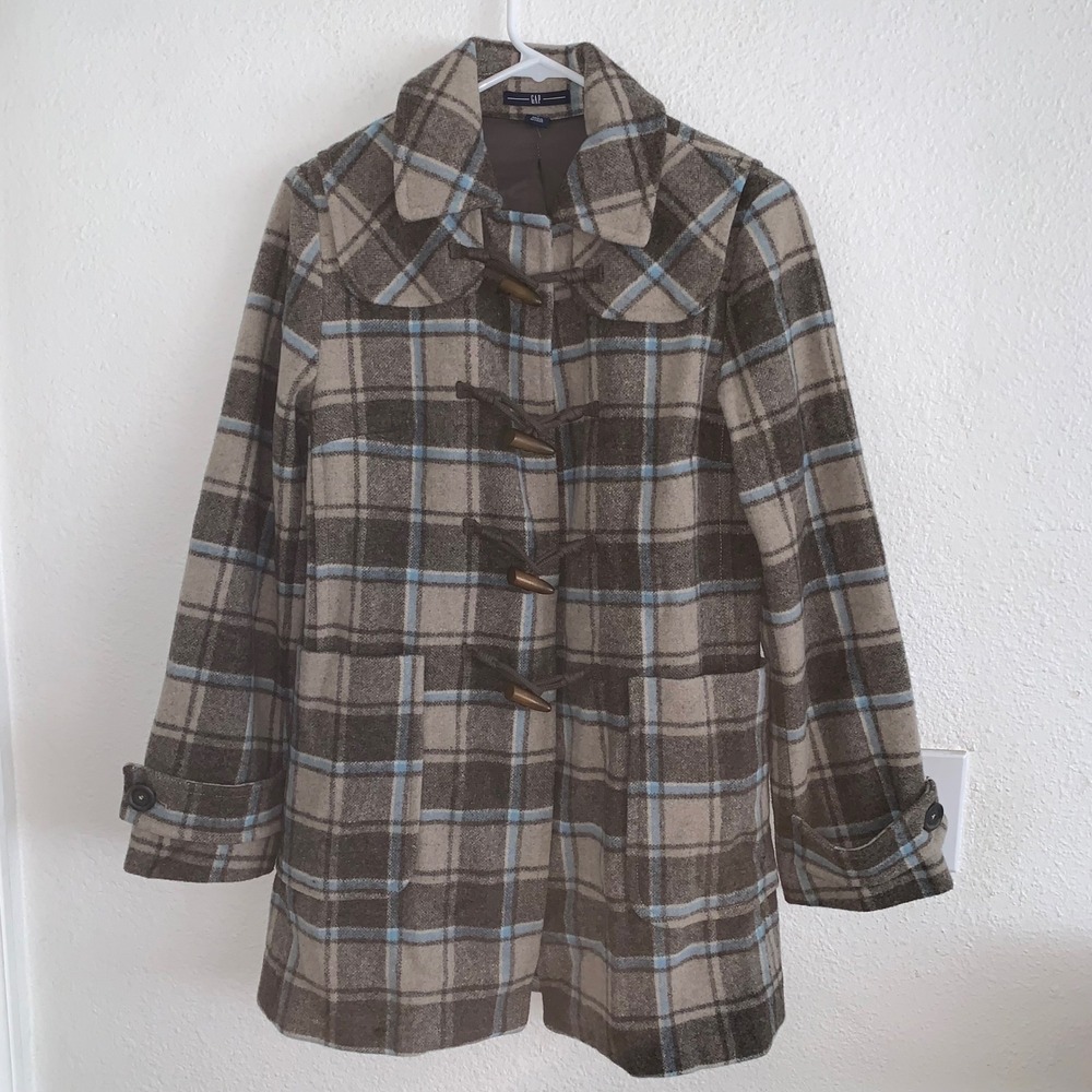 GAP Y2K Women's Wool Blend Plaid Duffle Toggle Coat Peacoat S Statement Jacket